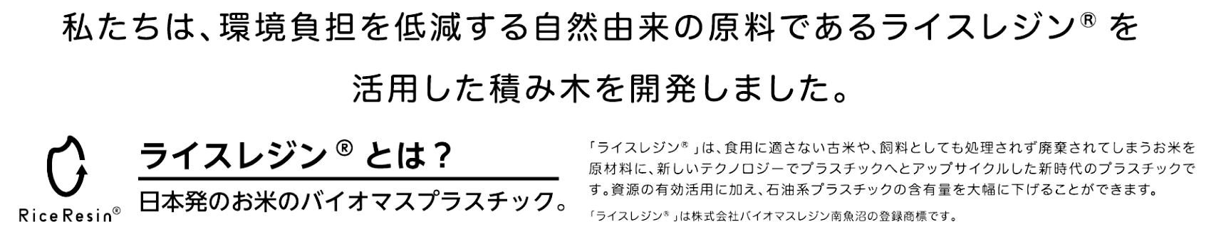 私たちは、環境負担を低減する自然由来の原料であるライスレジン®を活用した積み木を開発しました。ライスレジン®とは？ 日本発のお米のバイオマスプラスチック。