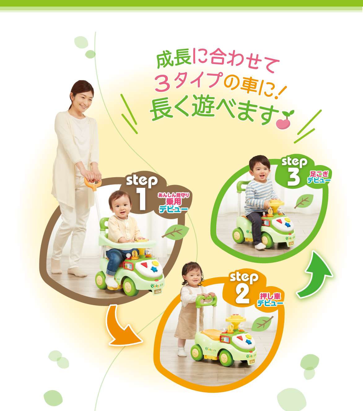 成長に合わせて３タイプの車に！長く遊べます