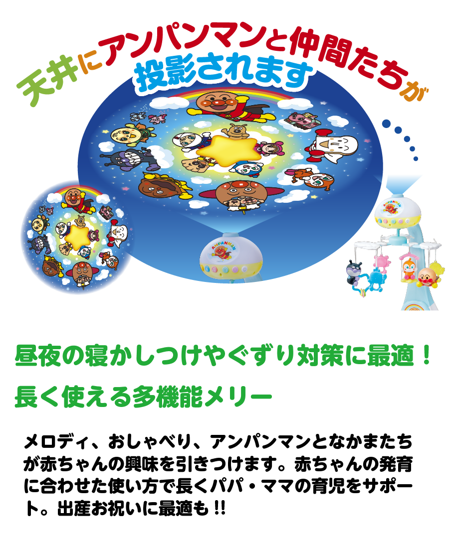 天井にアンパンマンと仲間たちが投影されます